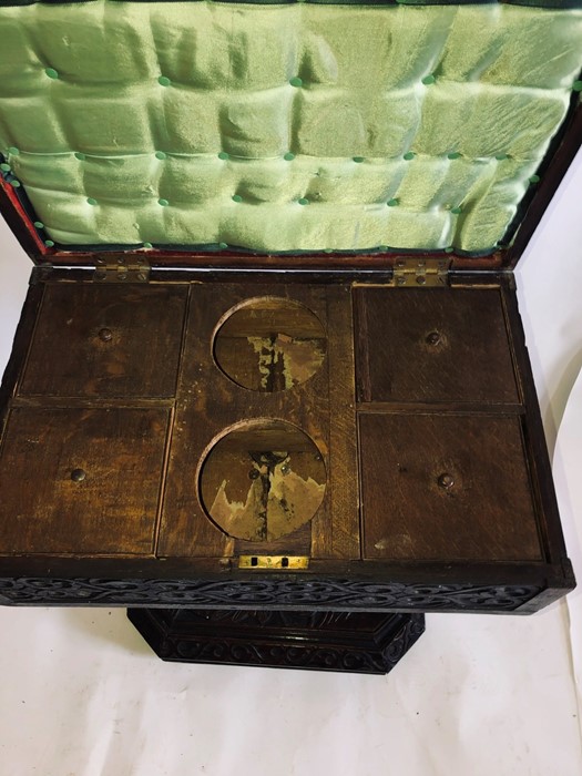 A George III carved oak teapoy, 1815, rectangular shape hinged top with fitted interior, above a - Image 2 of 2