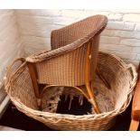 A 20th Century Lloyd loom type wicker chair; a wicker basket (2)