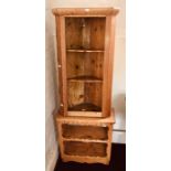 A 20th Century pine wall hanging corner shelf, 92 cm tall and another similar display shelf, 61 cm