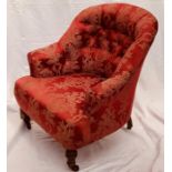 A Victorian and later mahogany framed upholstered button back armchair, floral damask upholstery,