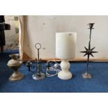 A marble lamp; brass oil lamp base; others (4)