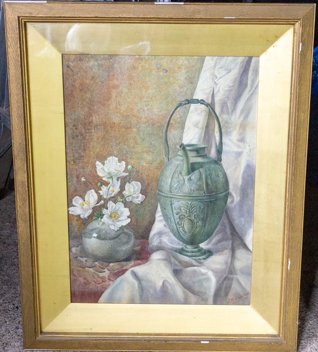 J.M.Charters (British), still life with flowers, watercolour. 67cm H x 51cm W