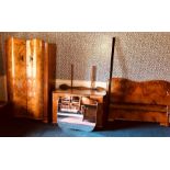 A mid 20th Century walnut bedroom suite includes His and Hers wardrobe, a dressing table and a