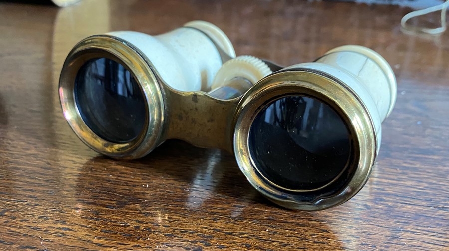 A cased pair of early 20th century bone opera glasses and a carved wooden and horn tribal tusk (2) - Image 2 of 2