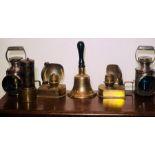 A pair of 19th century brass gas torch lamps; similar carriage lamps; another lamp; others (8)