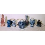 A 19th Century Chinese blue and white bombe vase with four beast mask ring handles and decorated