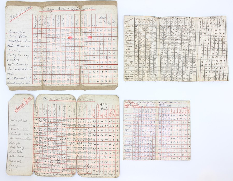 Football Memorabilia; A collection of nine handmade scorecards, accounting for all the fixtures