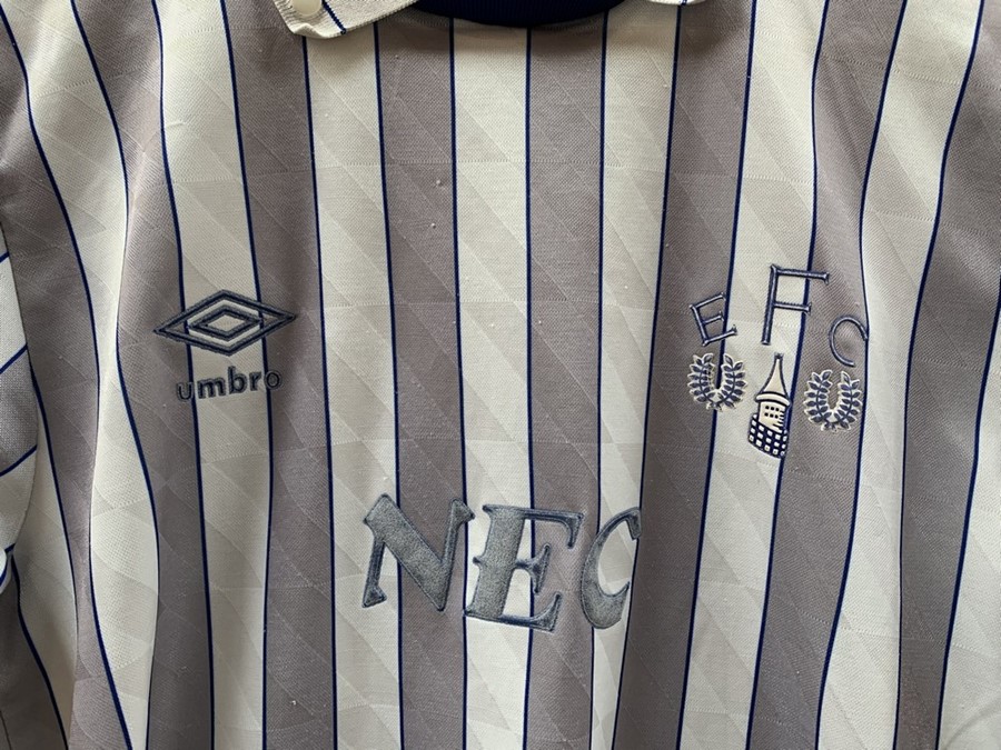 An Everton, Umbro white and grey striped shirt, short sleeves, NEC sponsor, faded, 1988-90, slightly - Image 2 of 3