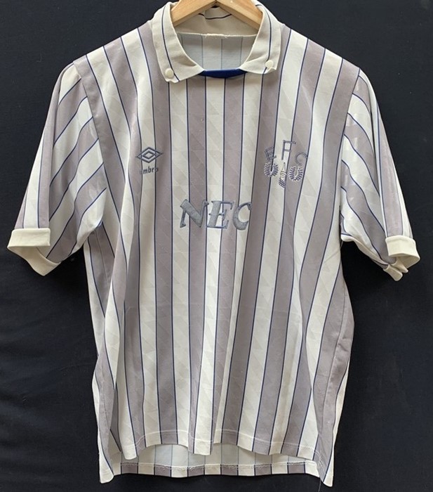 An Everton, Umbro white and grey striped shirt, short sleeves, NEC sponsor, faded, 1988-90, slightly