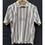 An Everton, Umbro white and grey striped shirt, short sleeves, NEC sponsor, faded, 1988-90, slightly