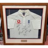 A framed and glazed, Marcus Trescothick, 2002 Ashes Cricket, Australia, Match Worn Shirt, signed