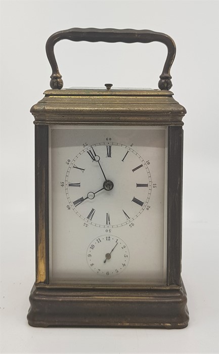 A Leroy & Fils French gilt brass repeating carriage clock, bell strike, having white enamel Roman