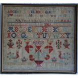 A late 19th century needlework sampler, by Agnes Austen, Age 14, 1893, 39cm x 42.5cm.