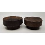 Two early treen mortars, 18th century (or earlier), one with iron bound rim, diameters 14.2cm and