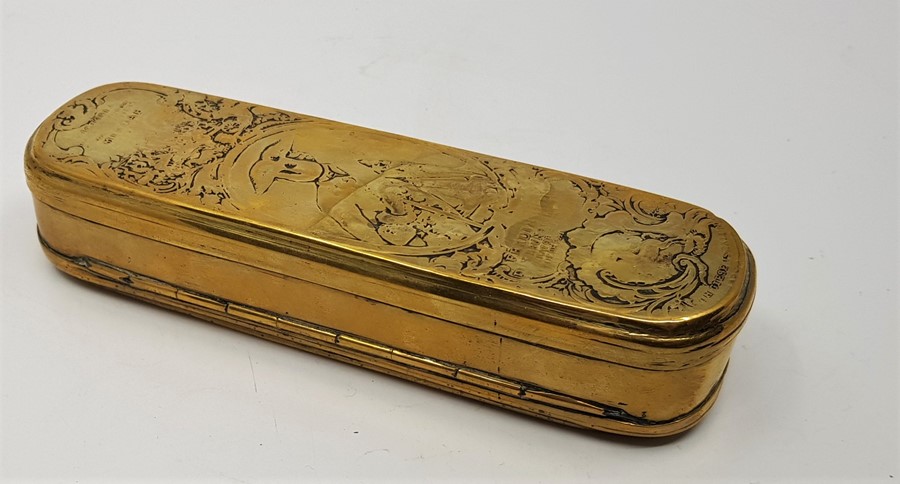 An 18th century Dutch brass tobacco tin, length 15.8cm. - Image 2 of 2