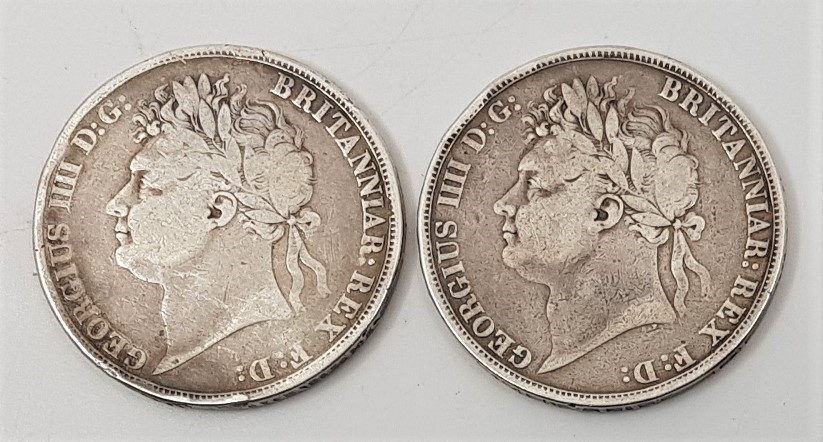 Two 1821 George IIII silver crowns, borh secundo to edge, obv. laur.head rev.St.George. (2)