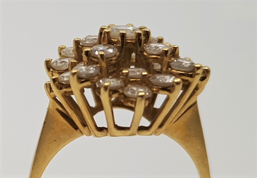 A precious yellow metal and diamond cluster ring, set numerous round cut diamonds, (yellow metal - Image 2 of 2