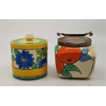 A Clarice Cliff "Bizarre" preserve pot and cover in the Sungay pattern, painted in colours,