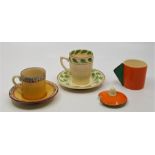 A Newport Pottery for Clarice Cliff "Bizarre" coffee can and saucer, painted in colours, printed