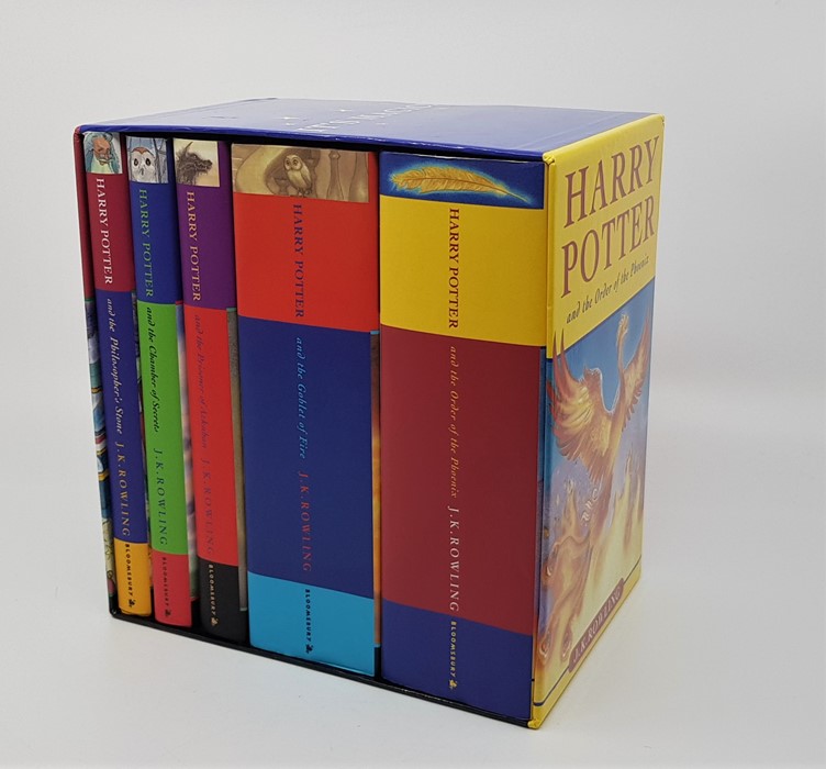 Rowling (J.K), a signed box set of Harry Potter books in single five volume publishers card slip