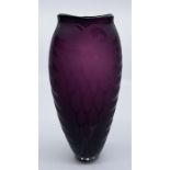 A signed studio art glass vase, fashioned as a purple fish with mouth a gasp, indistinctly signed to