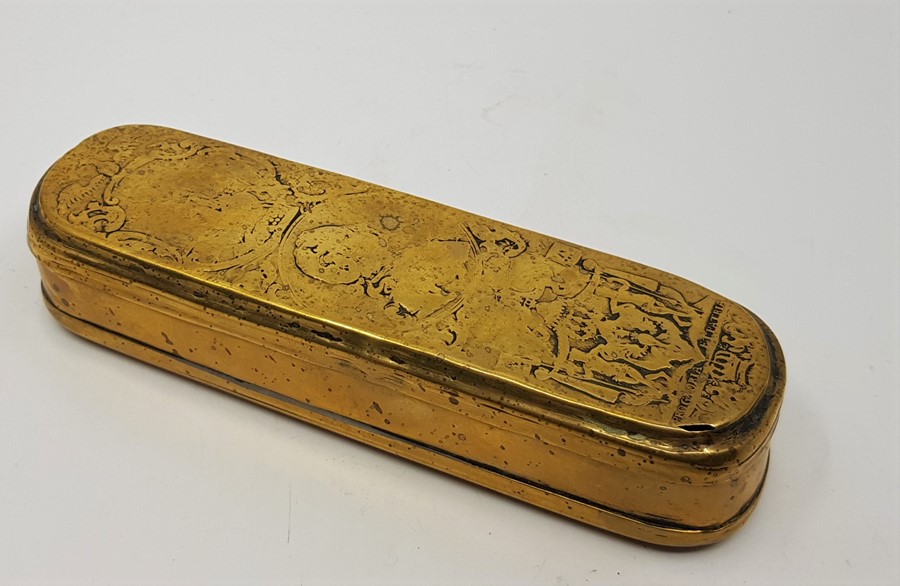 An 18th century Dutch brass tobacco tin, length 15.8cm.