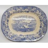 A 19th century blue and white meat platter, printed Eaton College verso, length 46cm. Condition: Two