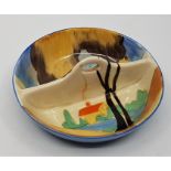 A Newport Pottery for Clarice Cliff two division dish with central handle, painted in colours,