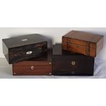 Four assorted wooden boxes, to include; a mahogany vanity box, a parquetry walnut box and a rosewood