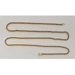 An 18ct. gold rope chain necklace, stamped "18" to clasp, length 60.5cm. (18.4g)
