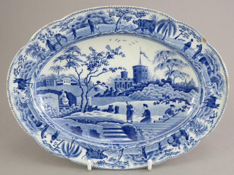 An early nineteenth century blue and white transfer-printed Spode Caramanian series oval platter,