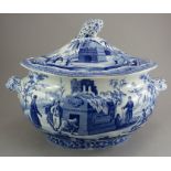 An early nineteenth century blue and white transfer-printed Spode Caramanian series oval soup tureen