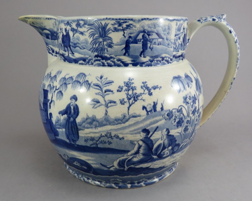 An early nineteenth century blue and white transfer-printed Spode Caramanian series Dutch-shape jug,