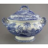 An early nineteenth century blue and white transfer-printed Spode Indian Sporting series soup tureen