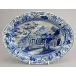 An early nineteenth century blue and white transfer-printed Spode Caramanian series oval pie dish,