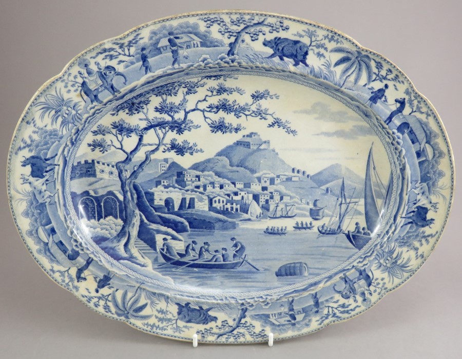 An early nineteenth century blue and white transfer-printed Spode Caramanian series oval platter,