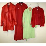A red leather jacket, a red denim jacket together with a green dress coat and a red Junonia coat For