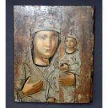 A 19th/20th Eastern Orthodox icon of the Holy Mother and infant Jesus, both with crowns, painted in