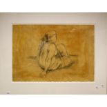 20th century School. A reclining figure with tied hair. Charcoal on paper, indistinctly signed lower