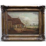 J. Becker, circa 1900. A farmyard with chickens and thatched half timbered barns Oil on panel, signe