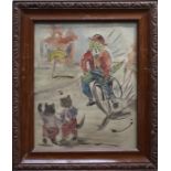 Manner of Louis Wain (English 1860-1939) Teacher on a bicycle swerving to avoid two pupils Watercolo