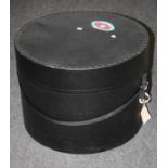 A large vintage circular fibre hat box with old travel label Formally the property of the late Jessy