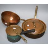 A heavy copper saute pan together with a smaller lidded pan and others (5) Formally the property of