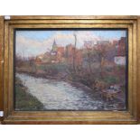 R Cusner (Robert?) A continental riverscape with buildings on its banks impasto oil on canvas, sign