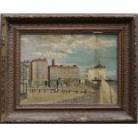 A Turner (19th / 20th century) Harbour town with figures and shop frontages Oil on card, signed lowe