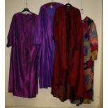 Two purple large Kaftan style capes, silk together with two red similar style (polyester) Formally t