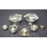 A pair of matching silver pressed bonbon dishes of octagonal form, together with a pair of cauldron
