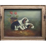 20th century European school. Two terrier pups in a landscape with flower pot Oil on board. 28.5 x 3