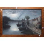 Early 20th century English school. Moonlit river with moored barges and lone figure Oil on canvas, 5