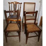 Two cane seated bedroom chairs, an Edwardian stick back chair with eared rail and a cream upholstere